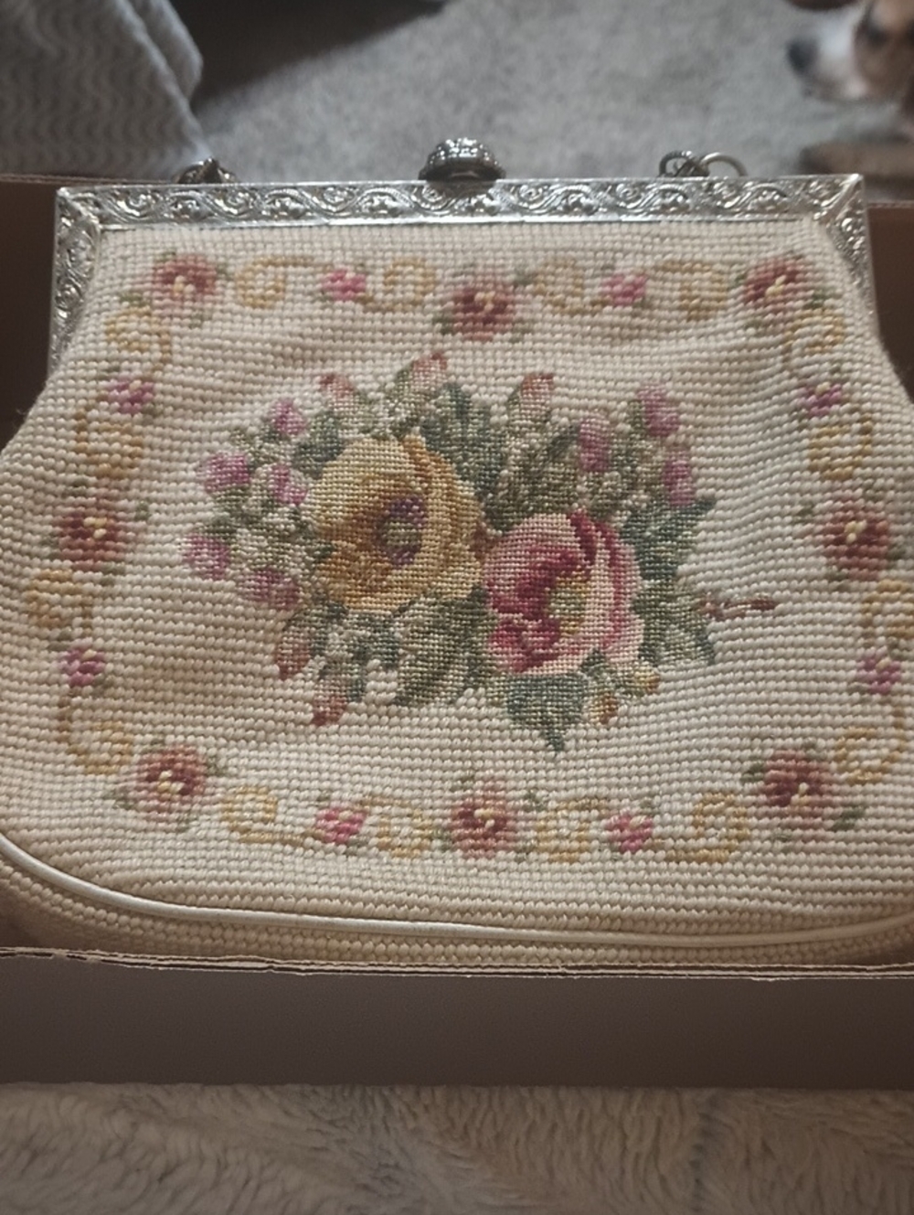 Vintage Floral Needlepoint Women’s Handbag - Cream and Pink